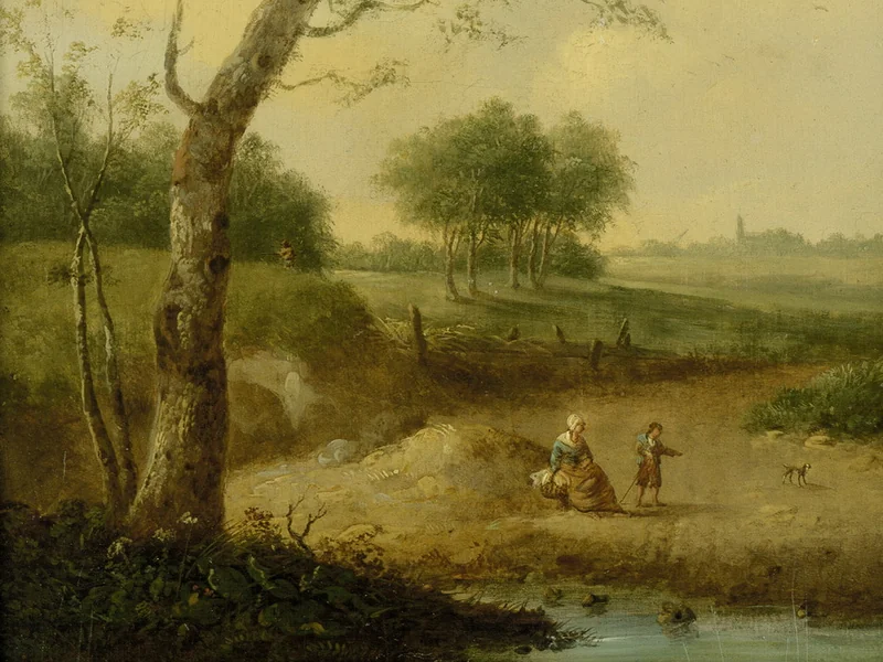 1755-Johann Georg Schütz - Paesaggio pianeggiante con una contadina e suo figlio in riva al fiume, un cacciatore sullo sfondo